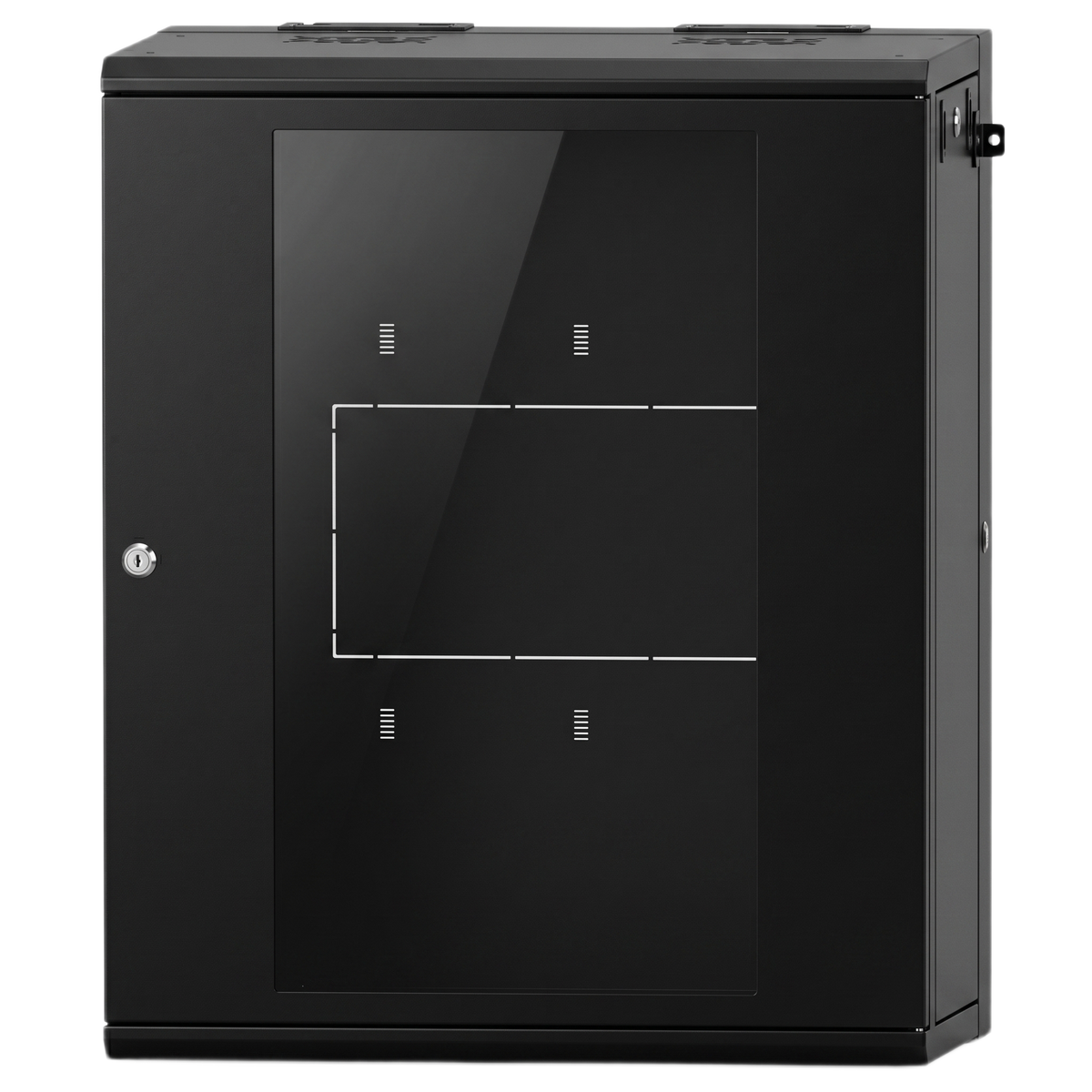 Gabinete Rack / 16 Unidades Rack (UR) / Puerta Cristal Templado / Montaje Pared / Acero Calibres 18-22 / Abatible 120° / Ventilación 120 mm