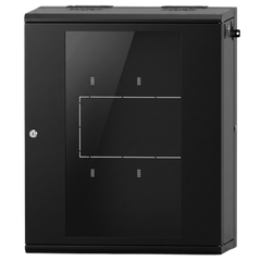 Gabinete Rack / 16 Unidades Rack (UR) / Puerta Cristal Templado / Montaje Pared / Acero Calibres 18-22 / Abatible 120° / Ventilación 120 mm