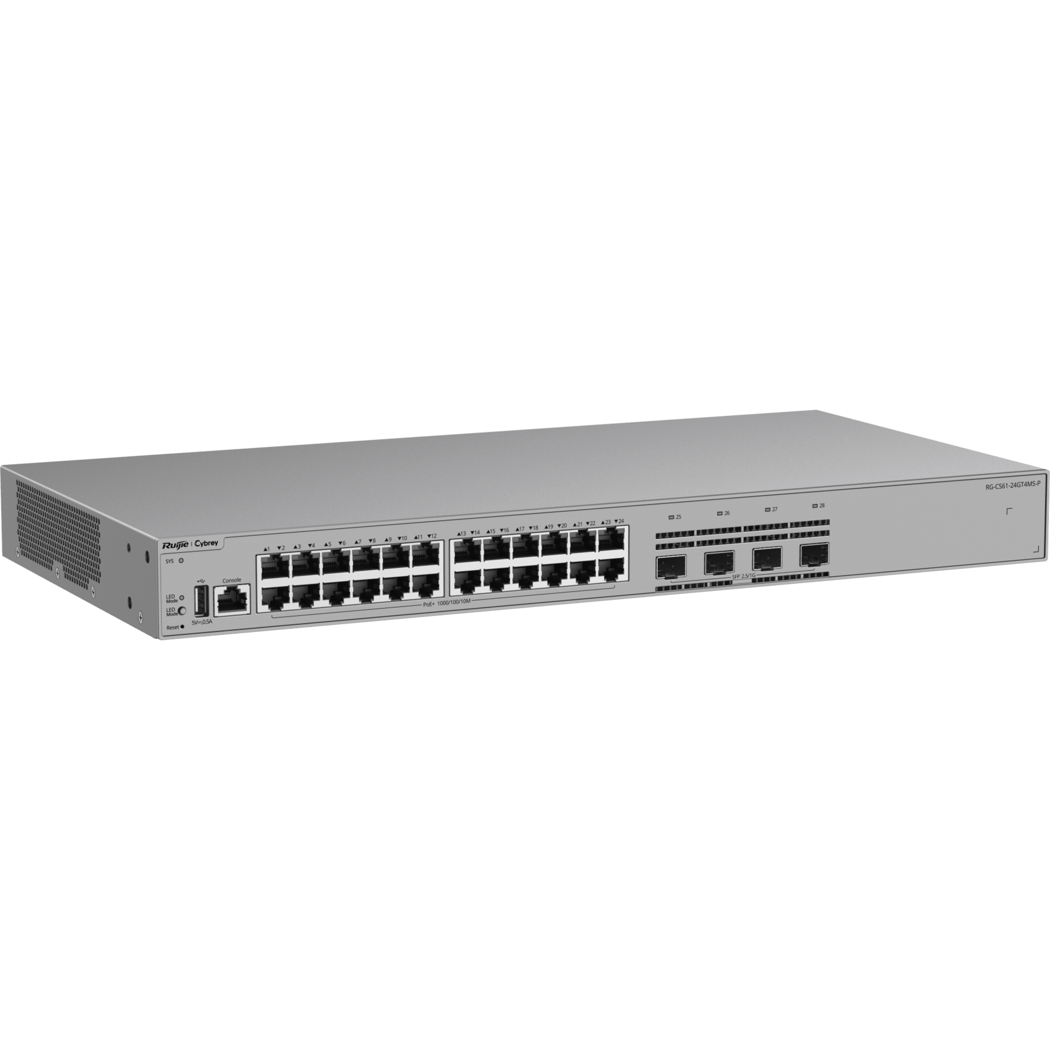 Switch de Acceso Capa 3 / 24 Puertos Gigabit PoE+ / 4 Puertos SFP 2.5GE / 370W PoE / VSU / OSPF / RIP / Protección contra Sobretensiones 10kV / Ventilador Fijo / Línea Cybrey