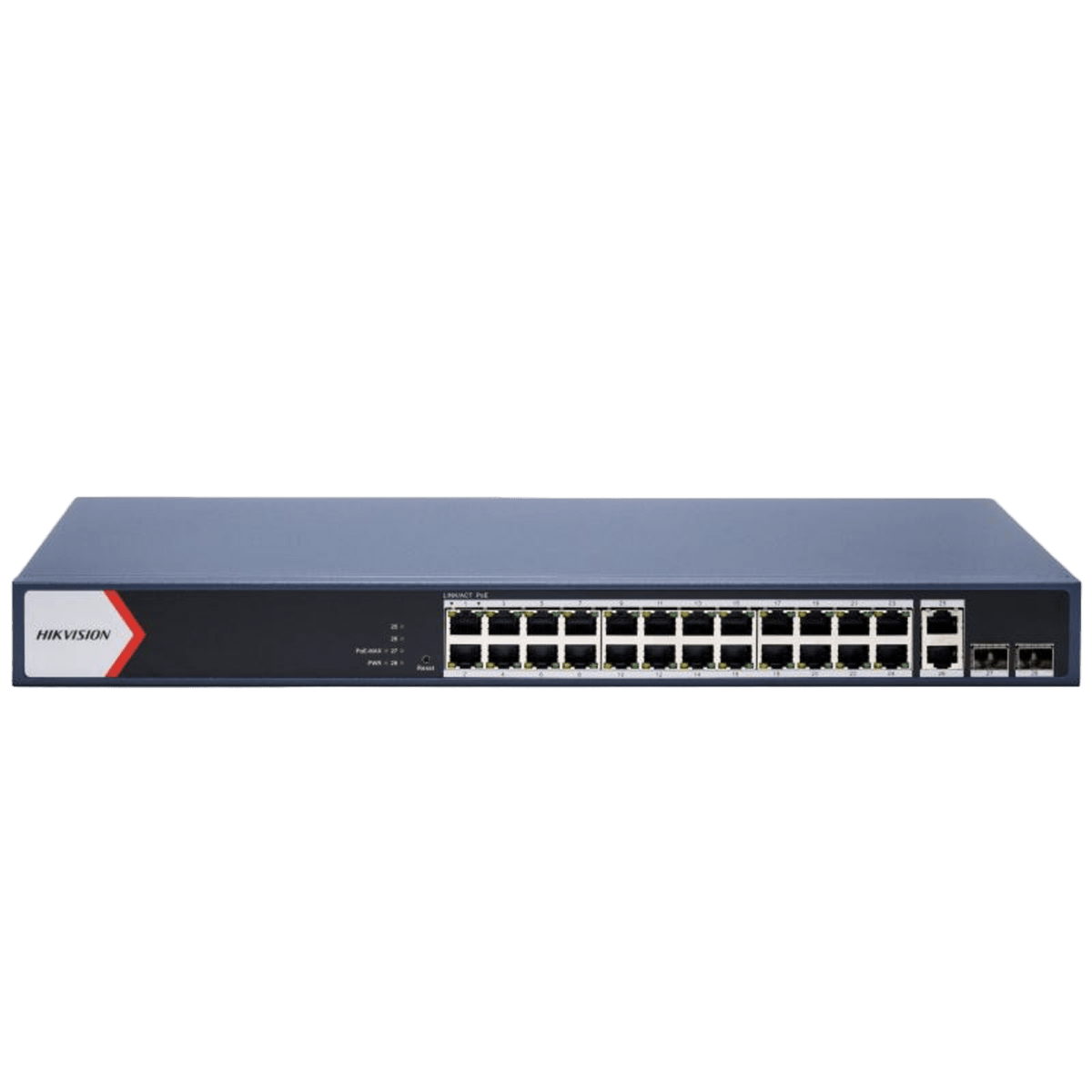 Switch Gigabit PoE+ / Administrable / 24 Puertos 1000 Mbps PoE+ / 2 Puertos 1000 Mbps Uplink  / 2 Puertos SFP Uplink / Configuración Nube Hik-Partner Pro / Modo Extendido hasta 300 Metros / 230 W