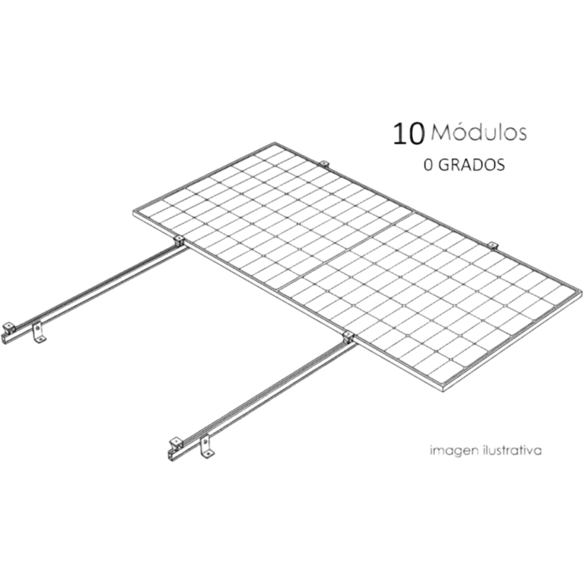 Kit Basel Sistema de Montaje Fotovoltaico Para 10 Módulos a 0° / Velocidad de Viento 170 km/h / Módulo 2.382 m x 1.134 m (7.81 ft x 3.72 ft) / Potencia 645 W