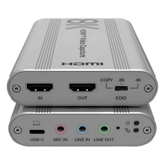 Tarjeta de Captura HDMI 8K a USB 3.2 Gen 1 | Resolución 8K@60Hz y 4K2K@144Hz | Ancho de Banda 48Gbps | Mezcla de Audio HDMI-Micrófono-Línea | Compatibilidad Multiplataforma Windows-macOS-Linux | Carcasa de Aluminio Plateado