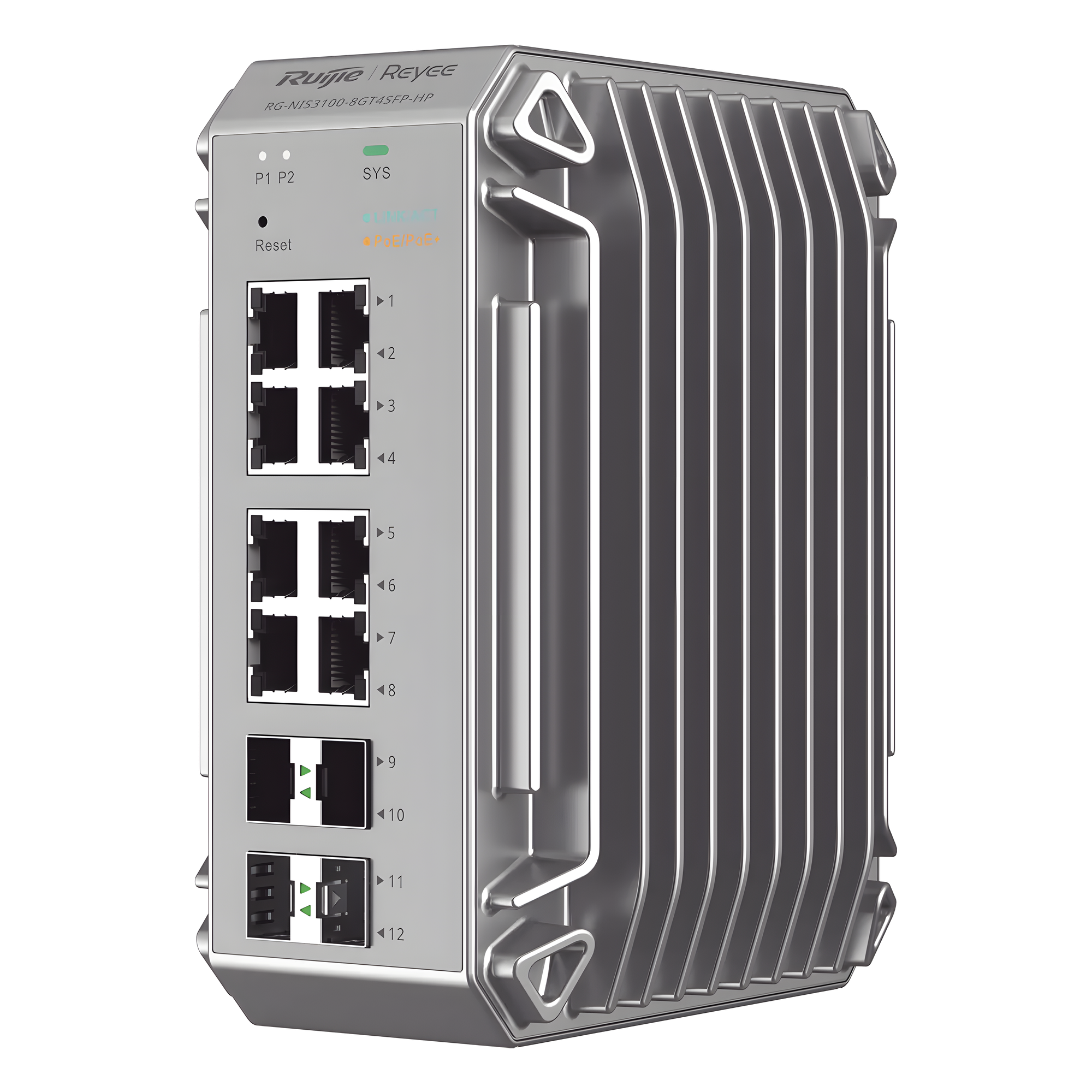 Switch Industrial PoE, Ideal para temperaturas Extremas y protección contra descargas, 8 Puertos Gigabit PoE 802.3 af/at, 4 Puertos SFP Administrable Cloud