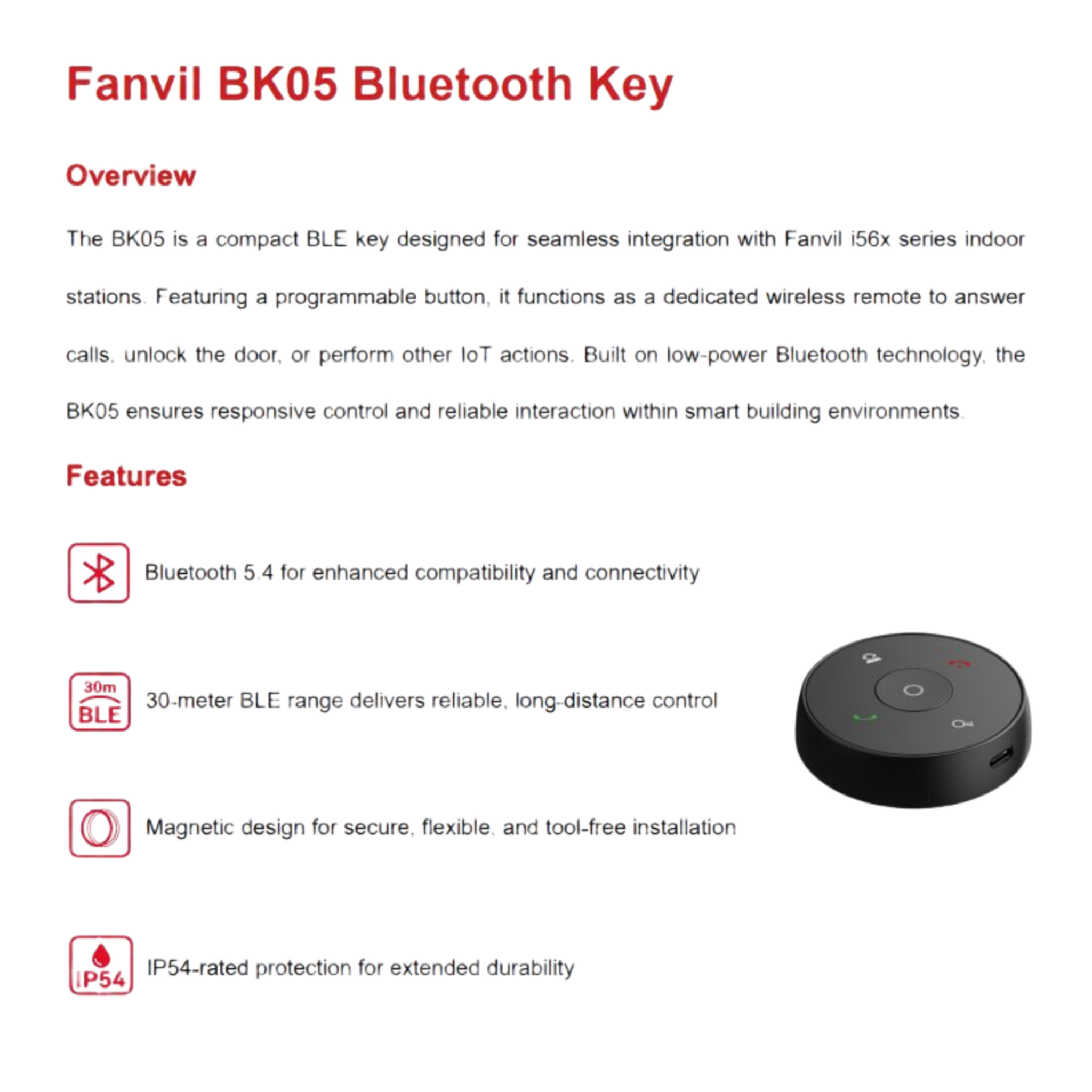 Bluetooth Key / 5 Botones Programables / Bluetooth 5.4 / Alcance 30 m (98.4 ft) / IP54 / Batería 300 mAh / Magnético
