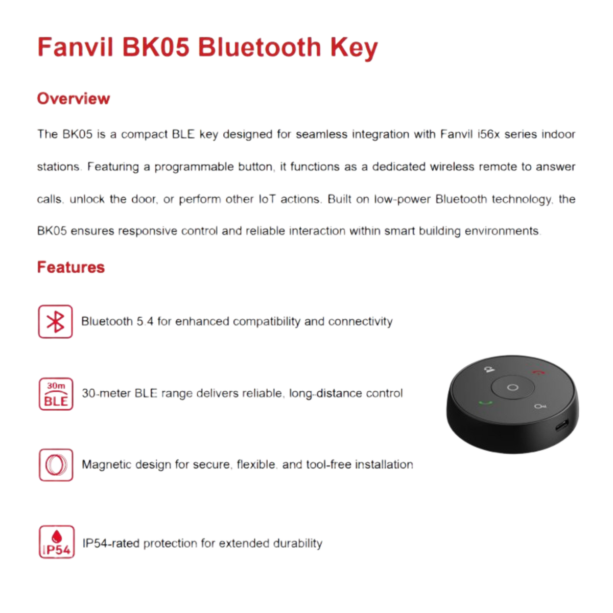 Bluetooth Key / 5 Botones Programables / Bluetooth 5.4 / Alcance 30 m (98.4 ft) / IP54 / Batería 300 mAh / Magnético