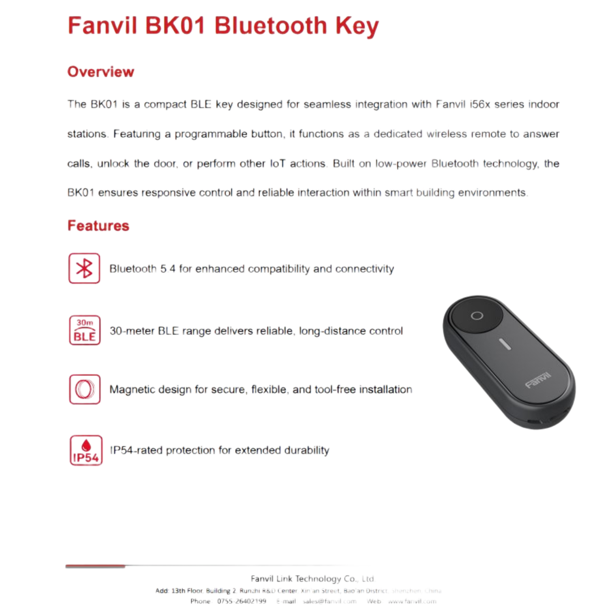 Bluetooth Key / 1 Botón Programable / Bluetooth 5.4 / Alcance 30 m (98.4 ft) / IP54 / Batería 300 mAh / Magnético