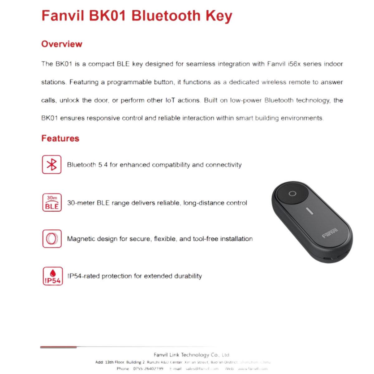 Bluetooth Key / 1 Botón Programable / Bluetooth 5.4 / Alcance 30 m (98.4 ft) / IP54 / Batería 300 mAh / Magnético
