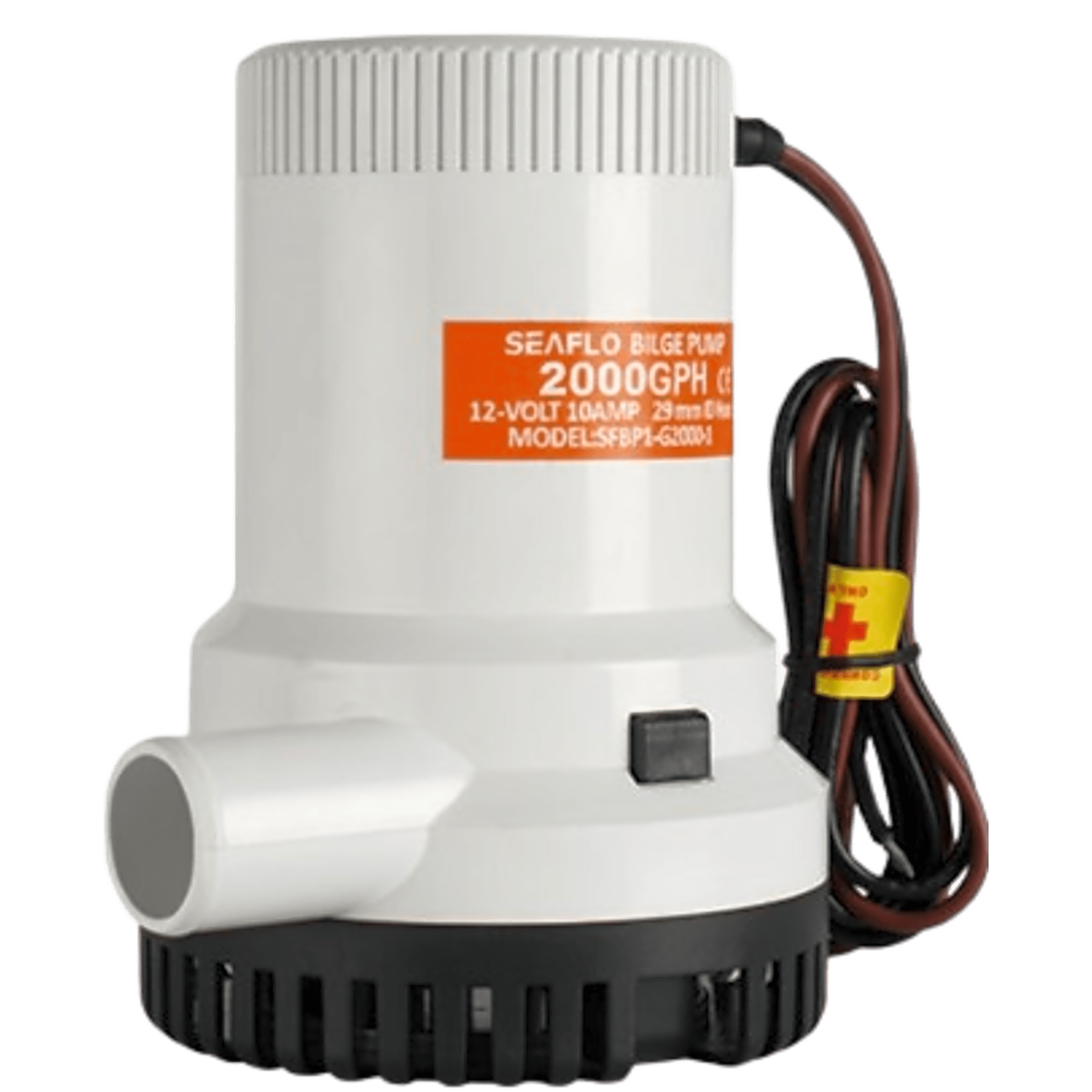 Bomba de Achique Sumergible SEAFLO SFBP1-G2000-01 / 2,000 GPH (7,571 LPH) / 12V CD / Eje de Acero Inoxidable / Operación en Seco / Protección Anti-Aire / Sellos Herméticos / Cableado Marino / CE, RoHS, ISO 8849