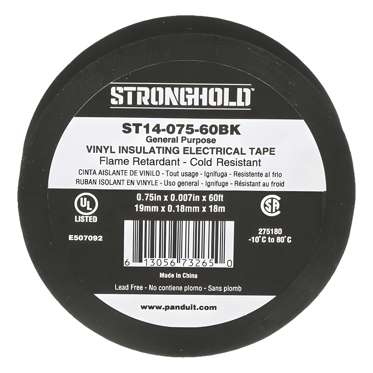 Cinta Eléctrica STRONGHOLD para Aislar, de PVC, Uso General Reparación y Mantenimiento, Grosor de 0.18mm (7 mil), Ancho de 19mm, y 18m de Largo, Color Negro