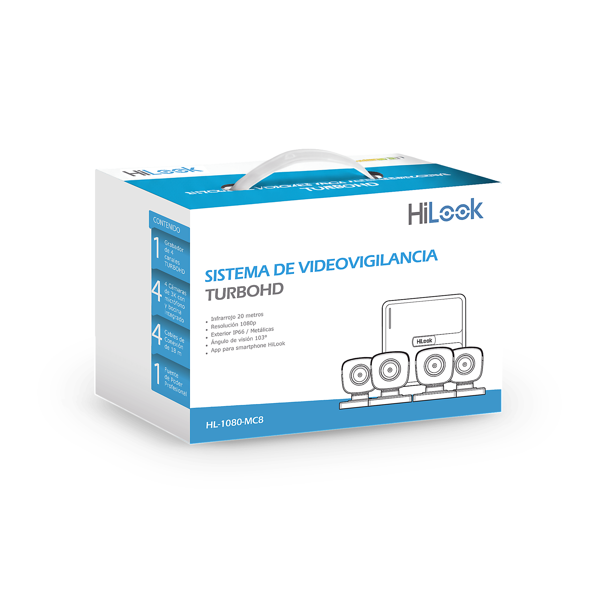 KIT TurboHD 1080p / DVR 8 canales con H.265+ / 4 Cámaras Bala Metálicas / Fuente de Poder / Accesorios de Instalación