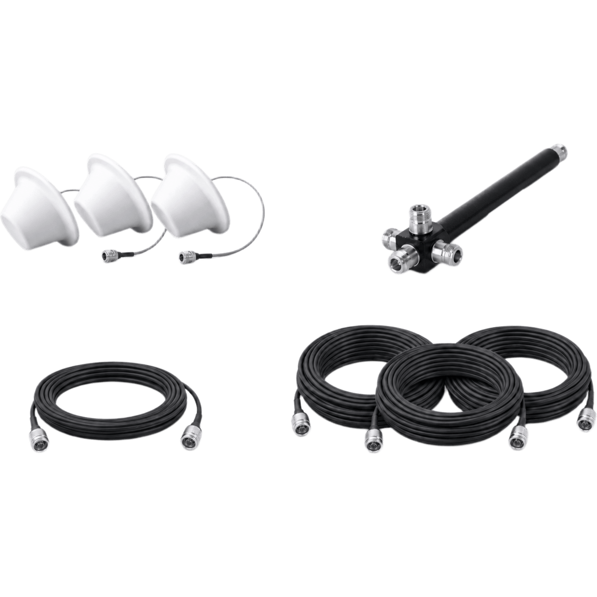 Kit de 3 Antenas Omnidireccionales tipo Domo y Divisor de Potencia de 4 salidas / Jumpers Coaxiales de 3 m y tres de 15 m con conectores N macho