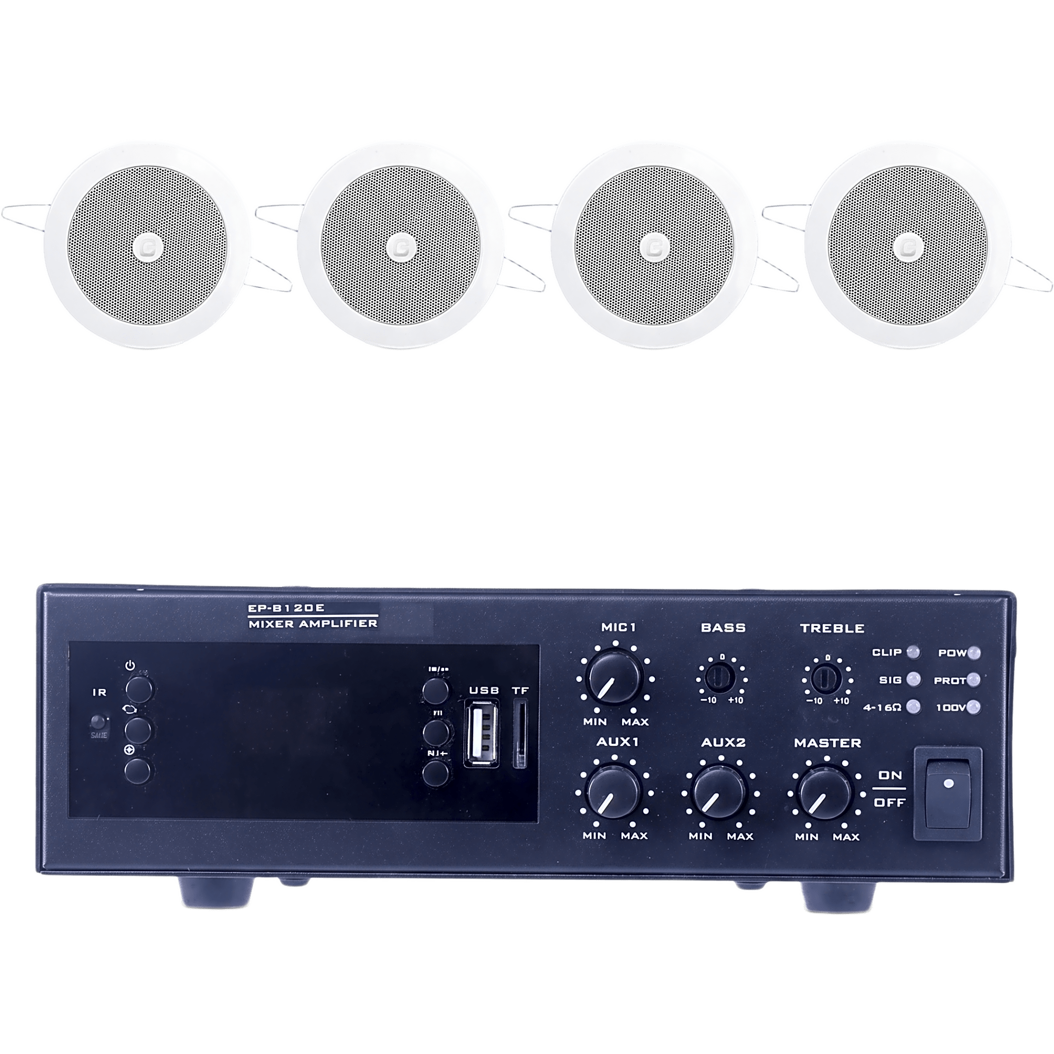 KIT de Amplificador de 120W para Escritorio | 4 Altavoces de Plafón de 4" | 3 - 6W | Sistema 70/100V