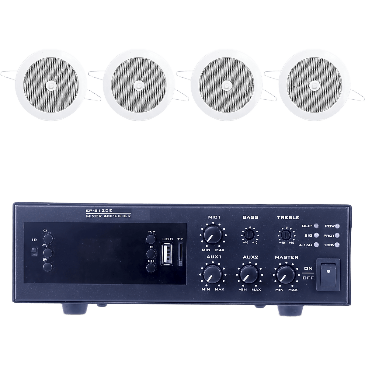 KIT de Amplificador de 120W para Escritorio | 4 Altavoces de Plafón de 4" | 3 - 6W | Sistema 70/100V