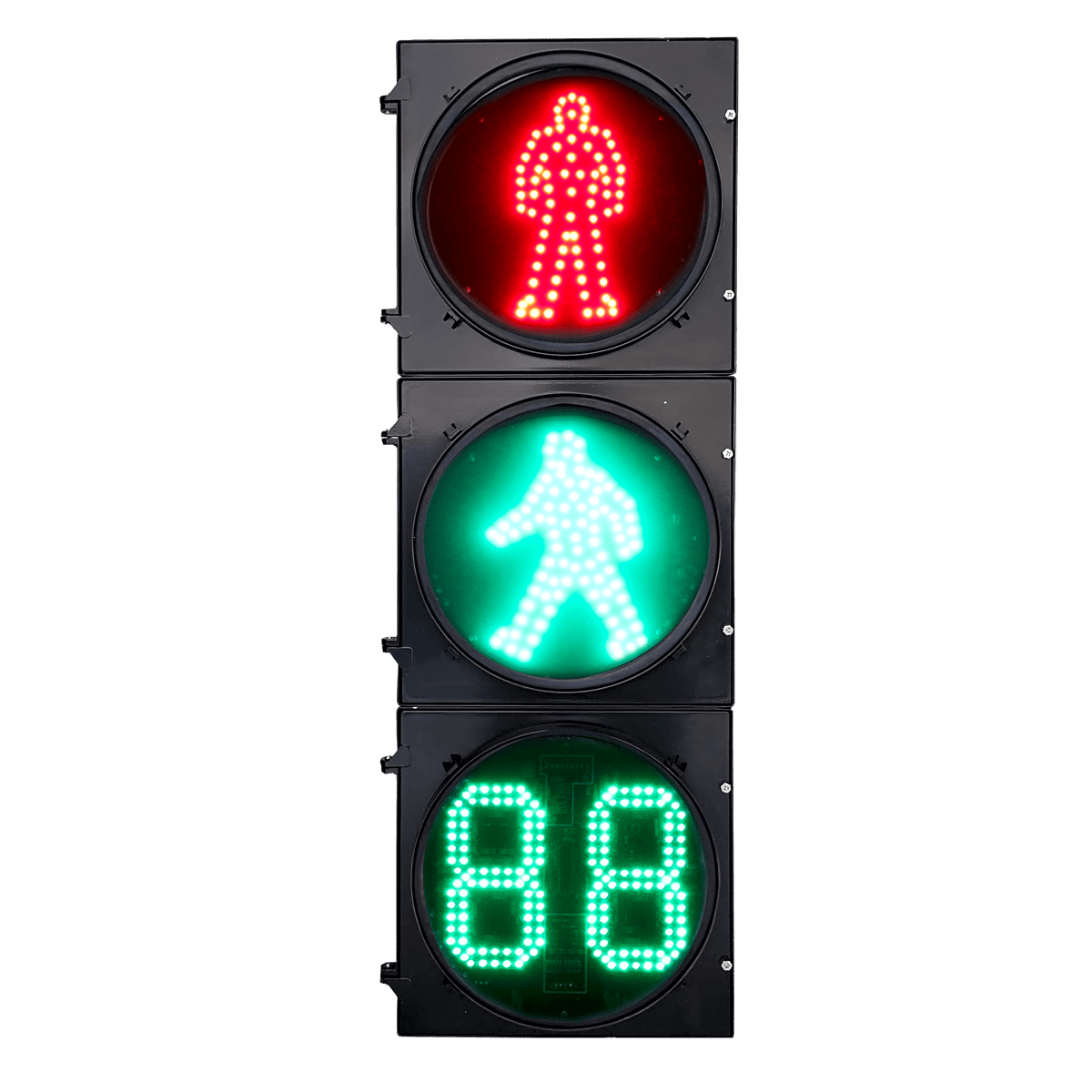 Semáforo Peatonal Estático RX300-3-3910SS-1 / LED de Alta Visibilidad 400 mts / Patrón Peatonal Rojo + Verde Estático + Contador 2 Dígitos / IP53 / Voltaje 176-265 VAC / Material PC+ABS / Temperatura -40°C a 80°C