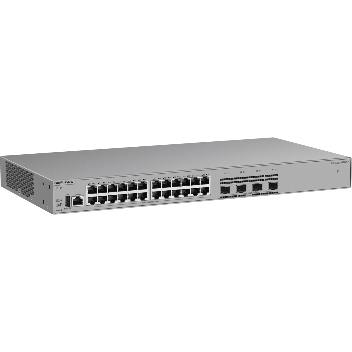Switch Gigabit PoE+ Gestionable / 24 Puertos 10/100/1000BASE-T PoE+ / 4 Puertos SFP+ 1GE/2.5GE/10GE / Capacidad 128 Gbps / Tasa de Reenvío 95.232 Mpps / PoE Budget 370 W / Protección Sobretensión 10 kV / VSU / Línea Cybrey