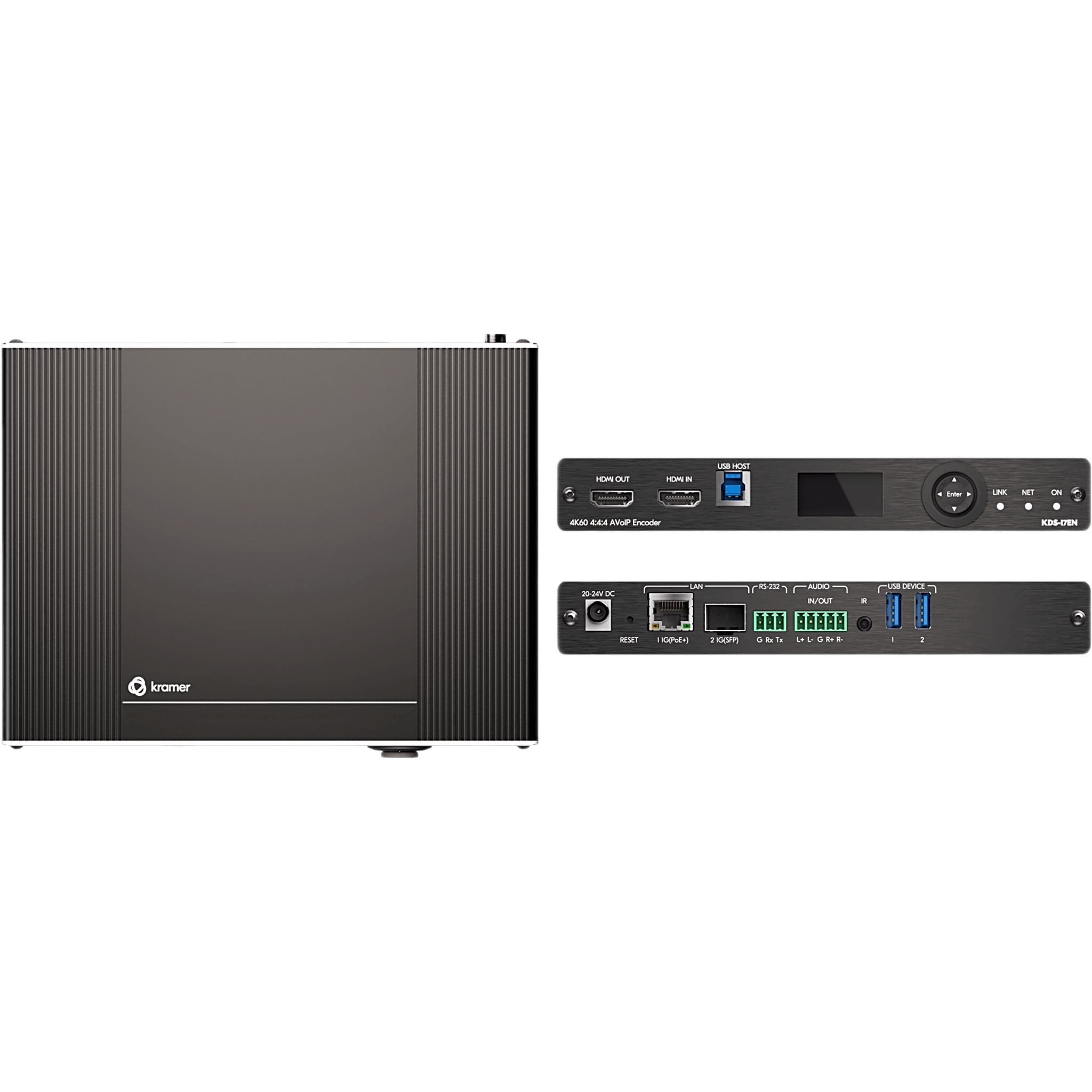 Codificador AVoIP 4K60 4:4:4 | Transmisión por Ethernet o Fibra | Audio Dante, USB, IR, RS-232, CEC | Códec Visualmente Sin Pérdidas | PoE+ | Gestión por Web y API
