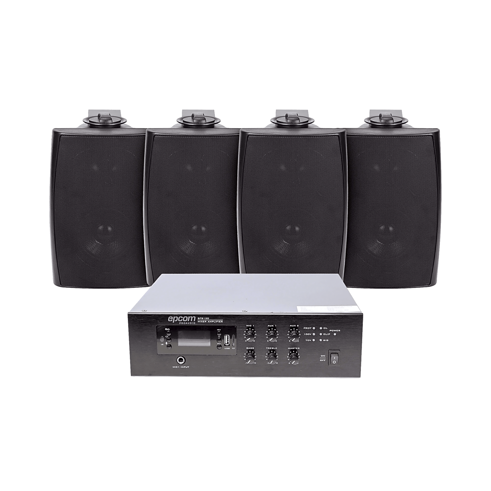 KIT de Amplificador de 240W para Escritorio | 4 Altavoces de Pared color Negro 2.5W - 20W | Sistema 70/100V