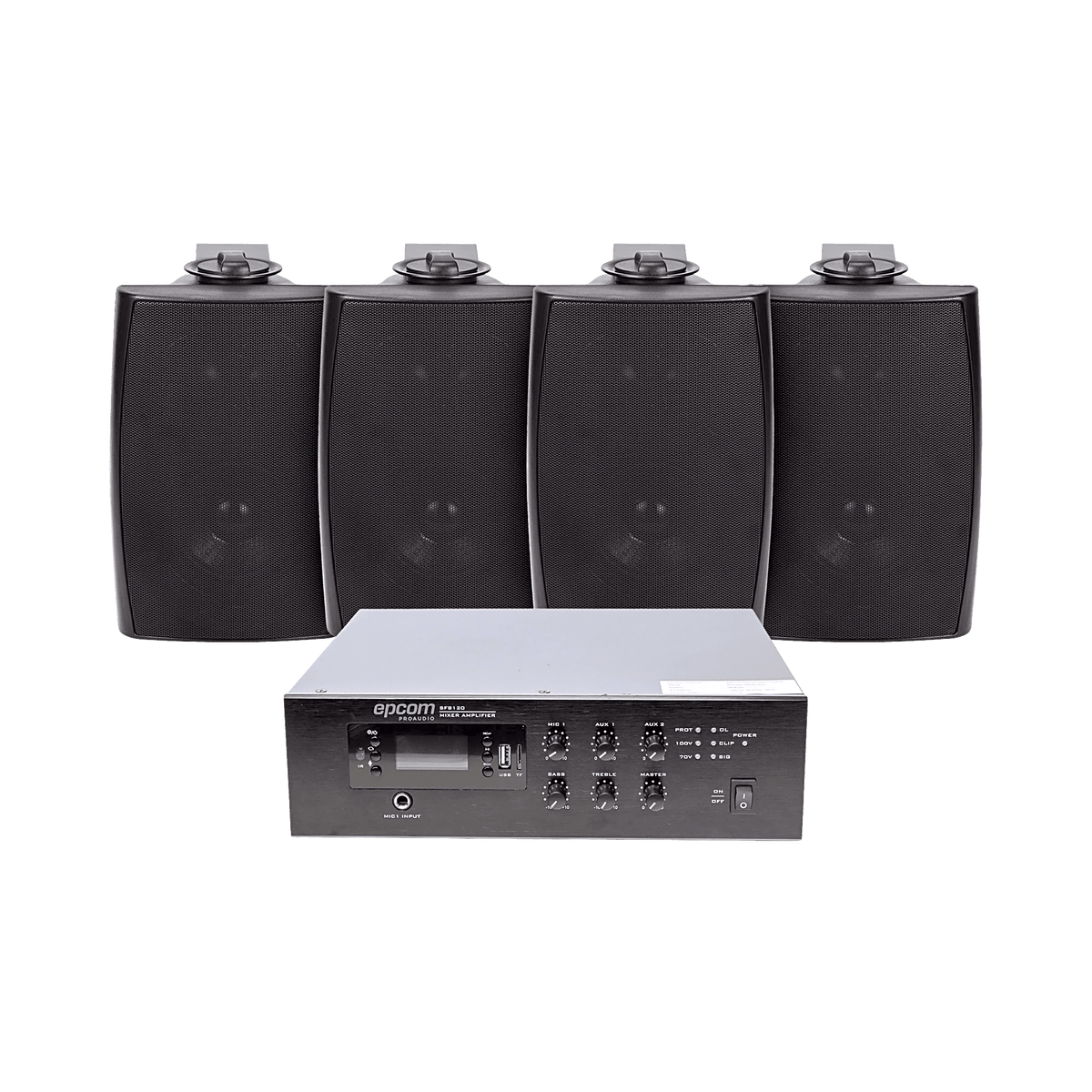 KIT de Amplificador de 240W para Escritorio | 4 Altavoces de Pared color Negro 2.5W - 20W | Sistema 70/100V