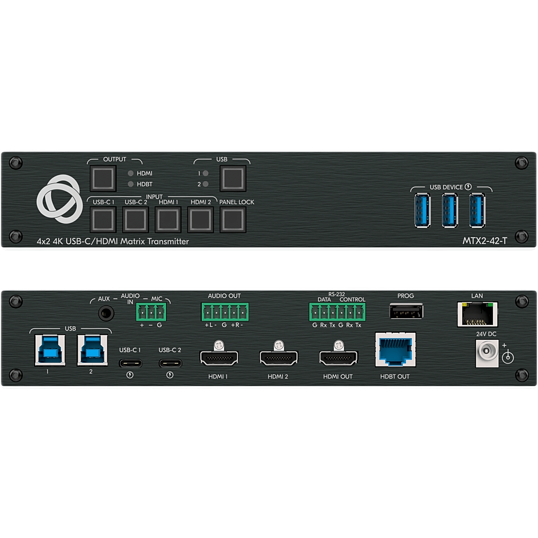 Transmisor Matricial Integrado | 2 Entradas USB-C y 2 HDMI/USB | Salidas HDMI y HDBaseT | USB 2.0 sobre HDBT | DSP de Audio Integrado | HDCP 2.2 | 4K60 18 Gbps | Carga USB-C hasta 60 W | Extensión hasta 70 m (230 ft) | Montaje Bajo Mesa o Podio