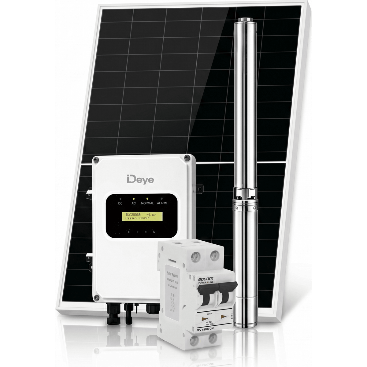 Kit de Bombeo Solar 2200W (3 HP) / Bomba Sumergible con Controlador Híbrido AC/DC 136-264VAC / 108-403VCD / 5 Módulos Solares 540W / Interruptor Termomagnético 2P 20A 800V CC / Protector de Descargas Atmosféricas / Gabinete IP6