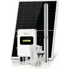 Kit de Bombeo Solar 2200W (3 HP) / Bomba Sumergible con Controlador Híbrido AC/DC 136-264VAC / 108-403VCD / 5 Módulos Solares 540W / Interruptor Termomagnético 2P 20A 800V CC / Protector de Descargas Atmosféricas / Gabinete IP6