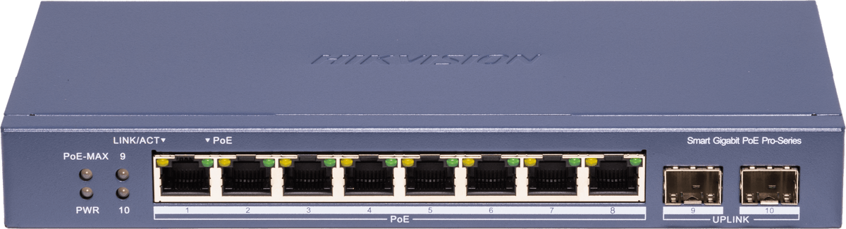 Switch PoE+ / Administrable / 8 Puertos 1000 Mbps PoE+/ 2 Puertos SFP / Configuración Nube desde Hik-PartnerPro / Modo Extendido hasta 300 Metros / 110 W