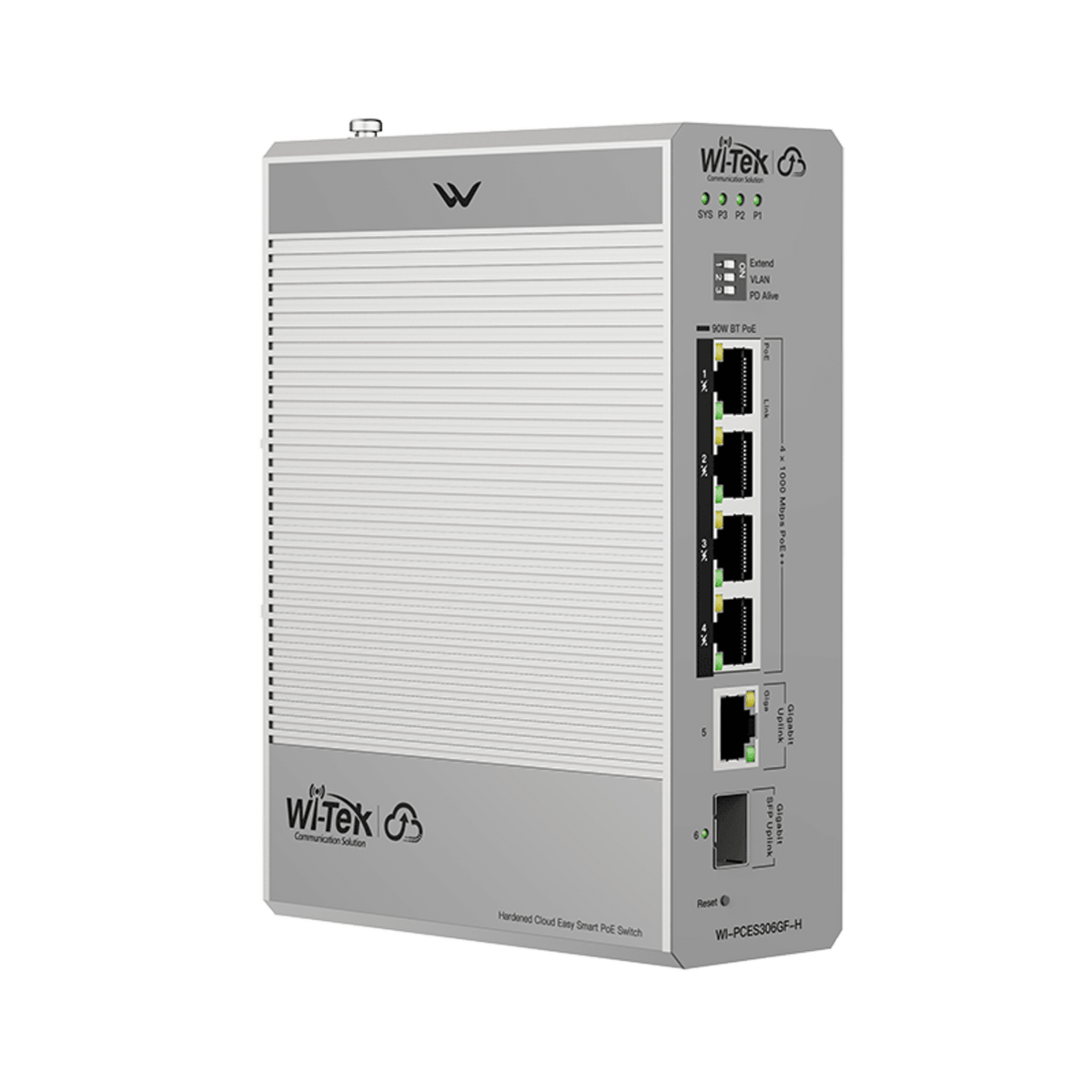 Switch Industrial PoE / 4 Puertos Gigabit PoE++ (802.3bt) / 1 Puerto Gigabit + 1 SFP / Alimentación DC 12-57V / Fanless / DIN-Rail / -30°C a 65°C / 55W-300W Budget PoE
