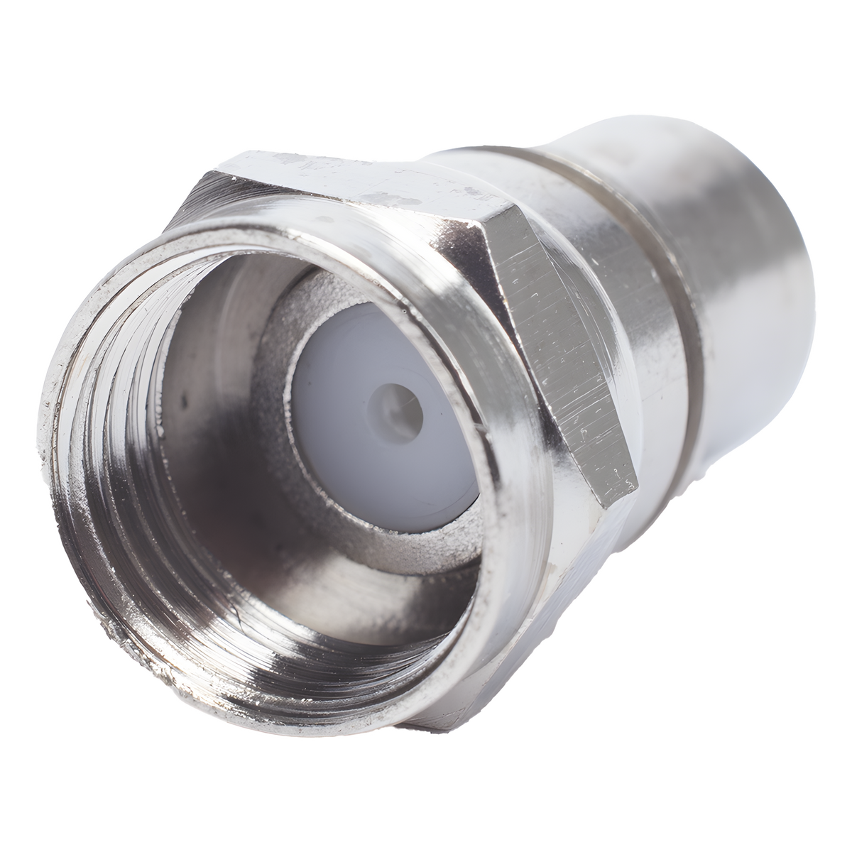 Conector F Macho, Plegable con PIN para Cable RG-6, Cuerpo de Bronce Niquelado.