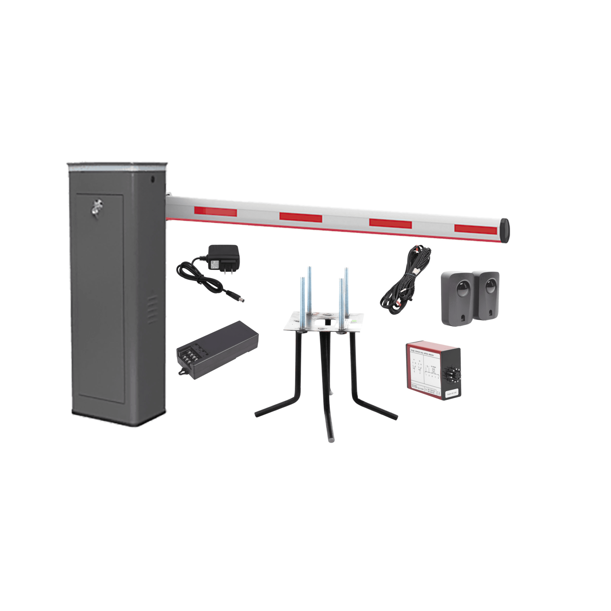 Kit COMPLETO Barrera Derecha XBS Con Corona LED / Brazo Iluminado de 5M / Incluye Sensor de Masa, Transformador, Lazo Magnético, Ancla, Fotoceldas y 2 Controles Inalámbricos