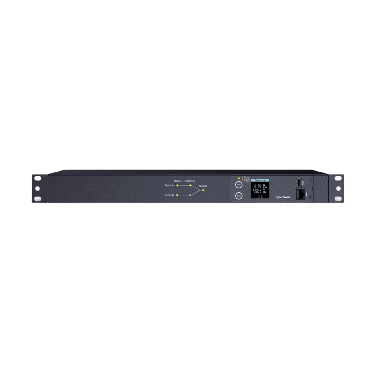 PDU ATS (Fuente Redundante Auto-transferible) Medible, Para Distribución de Energía, 2 Entradas 120 Vca NEMA5-15P, Con 10 Salidas NEMA 5-15R, Horizontal 19in, 1UR