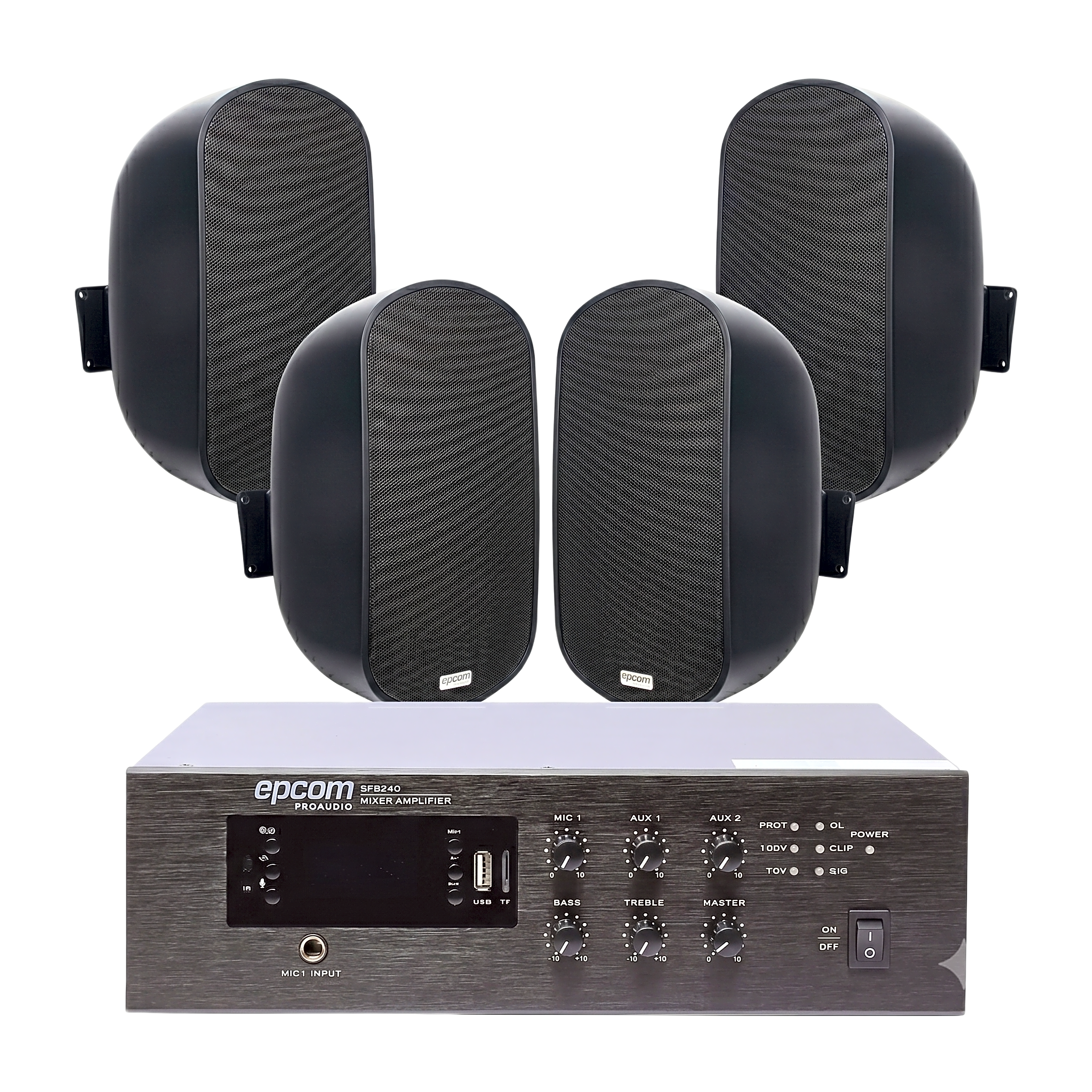 KIT de Amplificador de 240W para Escritorio | 4 Altavoces de Pared color Negro 3W - 50W | Sistema 70/100V