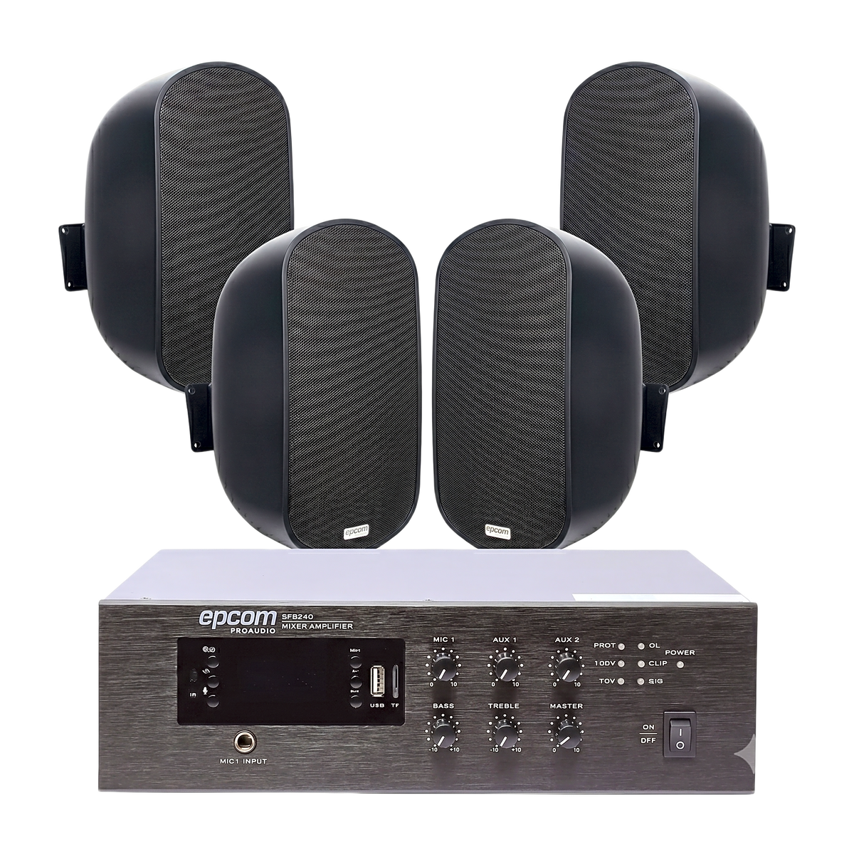 KIT de Amplificador de 240W para Escritorio | 4 Altavoces de Pared color Negro 3W - 50W | Sistema 70/100V