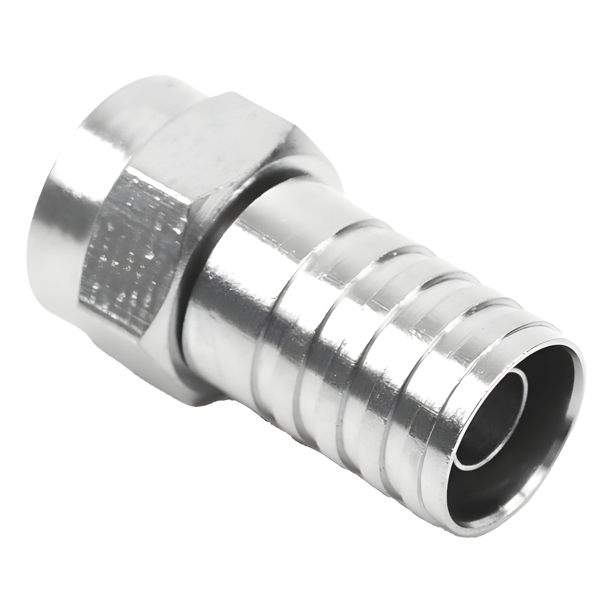 Conector F Macho, Plegable de Doble Blindaje para cable RG-59, Cuerpo de Bronce Niquelado.