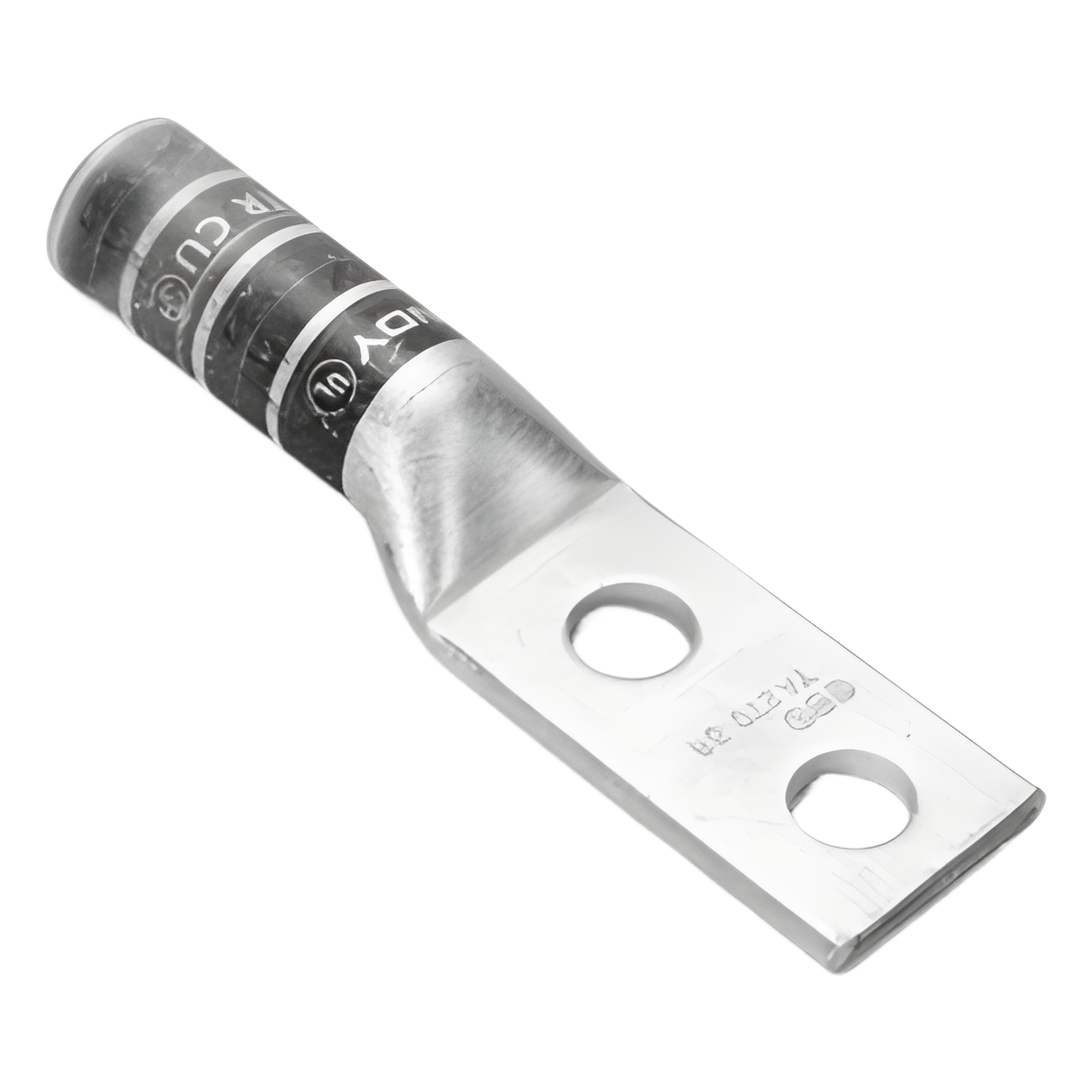 Zapata Terminal de Compresión de Barril Largo con Doble Ojillo para Tornillo 1/4" y Cable 6 AWG / Espaciado de 5/8".
