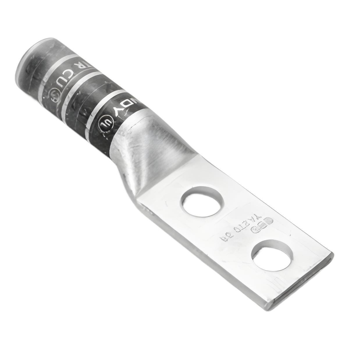 Zapata Terminal de Compresión de Barril Largo con Doble Ojillo para Tornillo 1/4" y Cable 6 AWG / Espaciado de 5/8".