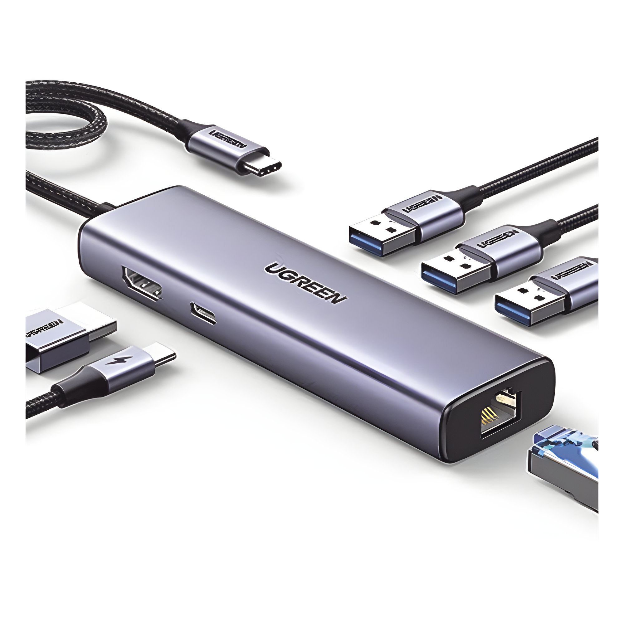 HUB USB-C (Docking Revodok) 6 en 1 | 3 Puertos USB-A 3.0 (5 Gbps) | USB-C PD 100W | HDMI 4K@30Hz | Entrada 1 RJ45 (Gigabit Ethernet) | Chip de Última Generación | Potente Disipación de Calor |  Caja de Aluminio.