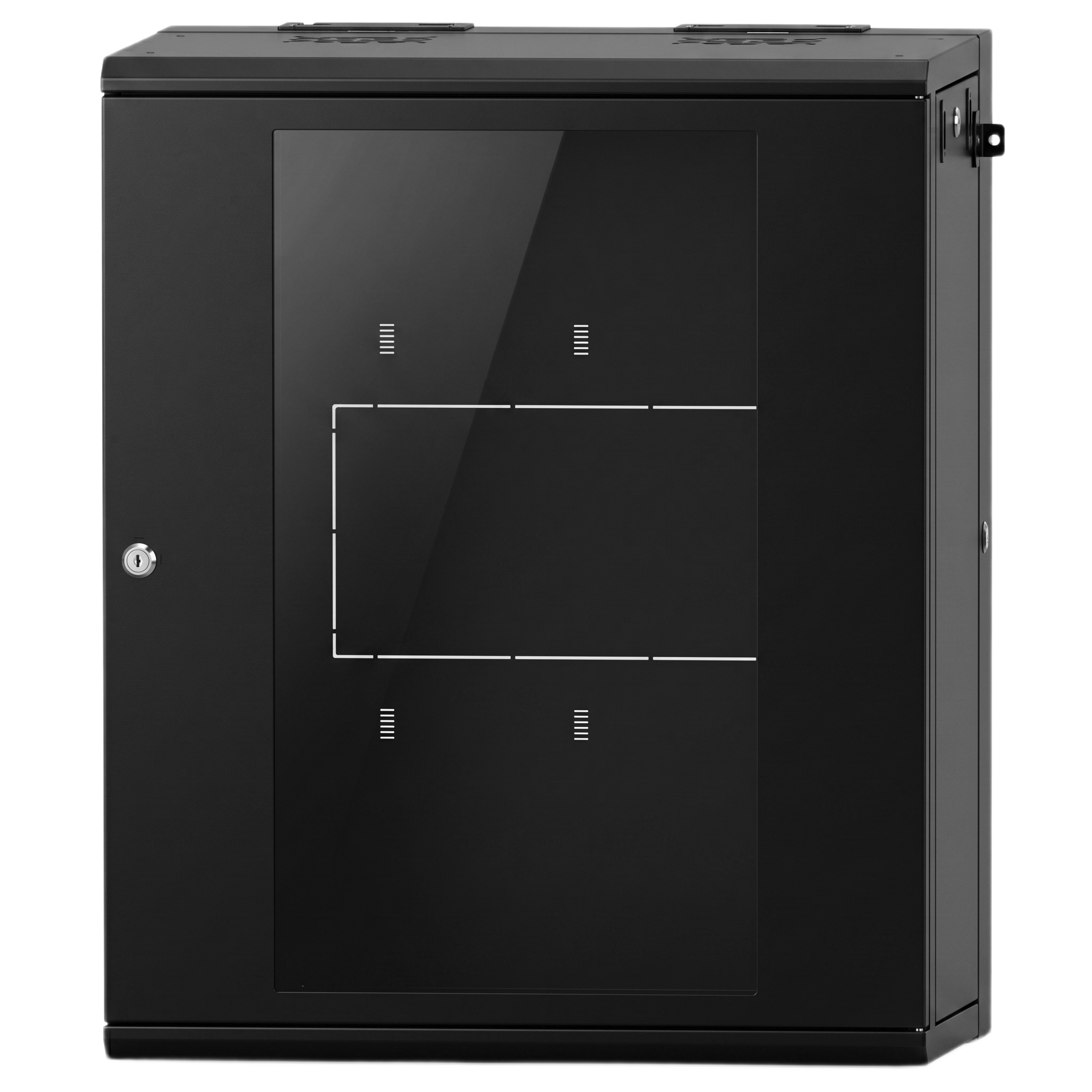 Gabinete Rackeable 24 UR / 19 Pulgadas / Puerta de Cristal / Acero Calibres 18 y 22 / Montaje en Pared / Capacidad de Carga 80 Kg / Pintura Electroestática Negra / Abatible 120° / Laterales Removibles