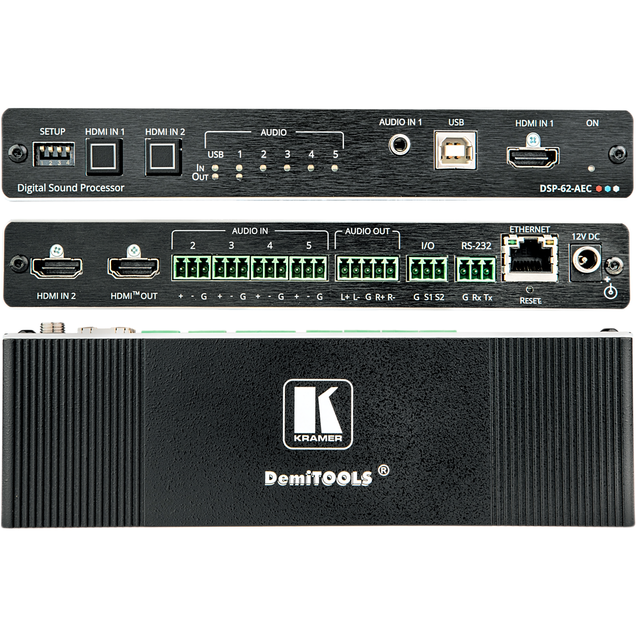 Matriz de Audio DSP 6x2 | DSP Multicanal | Cancelación de Eco Acústico AEC | De-embedding HDMI | Interfaz USB Audio Clase Compatible | 4K@60Hz (4:4:4) | PoE o Adaptador 12V DC | Carcasa DemiTOOLS