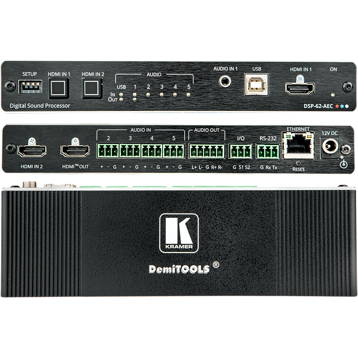 Matriz de Audio DSP 6x2 | DSP Multicanal | Cancelación de Eco Acústico AEC | De-embedding HDMI | Interfaz USB Audio Clase Compatible | 4K@60Hz (4:4:4) | PoE o Adaptador 12V DC | Carcasa DemiTOOLS