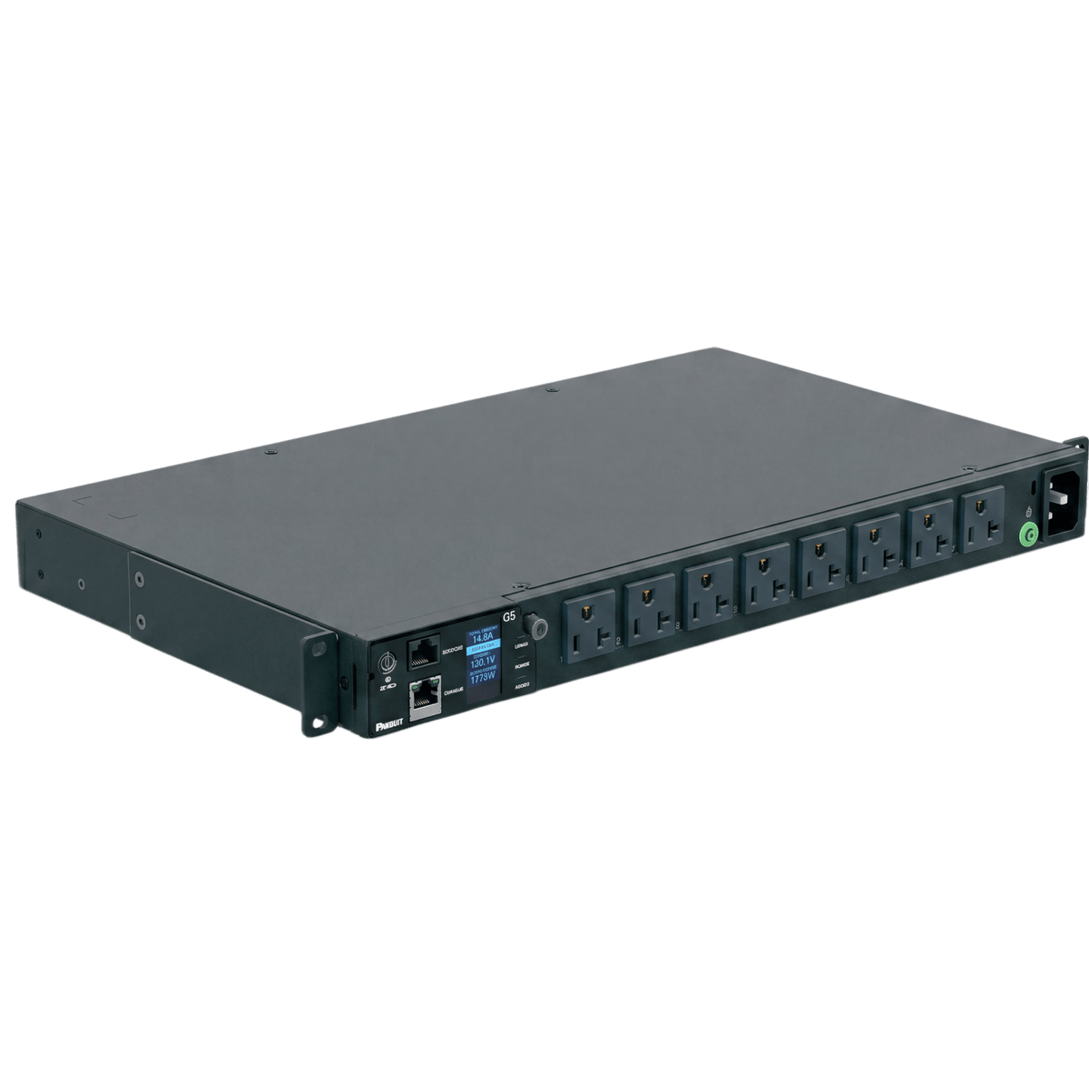 PDU Monitoreable (MI) para Distribución de Energía, Enchufe de Entrada NEMA 5-15P, Con 8 Salidas 5-20R, Horizontal 19in, 120 Vca, 20 Amp, 1UR