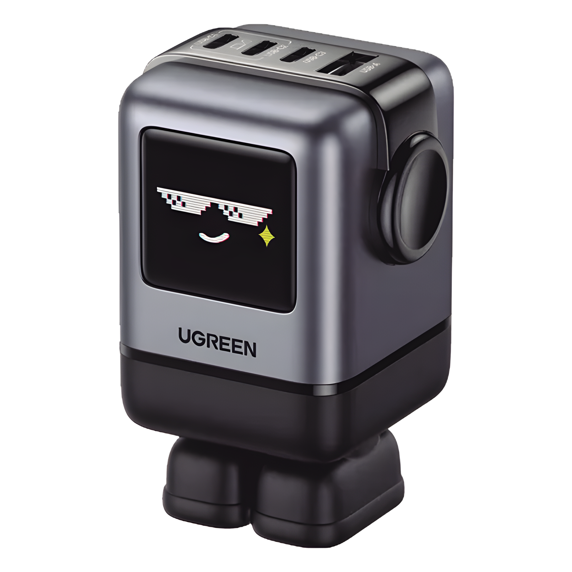 Cargador RobotGaN de 100W Serie UNO | 4 Puertos de Carga Rápida | 3 USB-C | 1 USB-A | PD 3.0 | QC 4.0 | Carga Inteligente | Tecnología GaN II | Zapato Magnético Extraíble | Carcasa Ignífuga | Pantalla LED