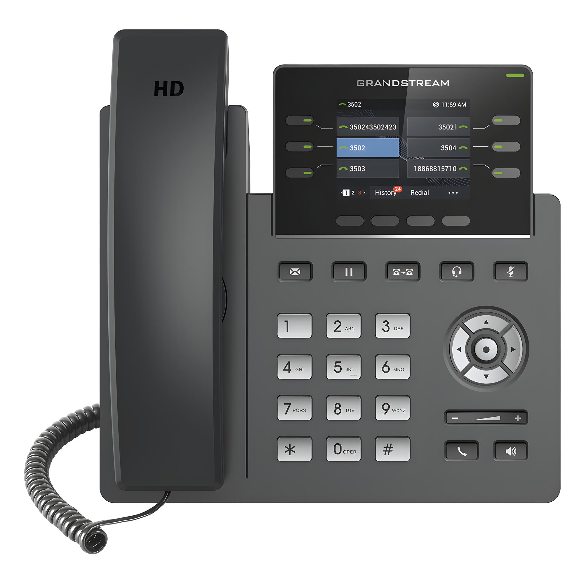 Teléfono IP Grado Operador, 3 líneas SIP con 6 cuentas, puertos Gigabit,PoE,  pantalla a color 2.4", codec Opus, IPV4/IPV6 con gestión en la nube GDMS