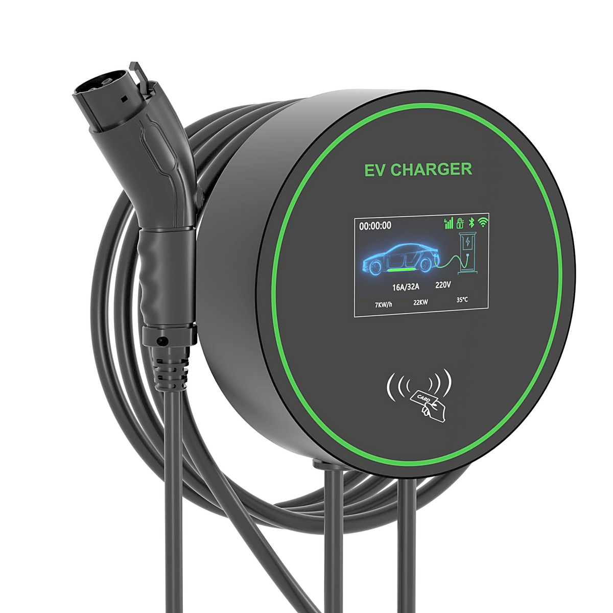 Estación de Carga para Vehículos Eléctricos / 48 A / 11.5 kW / Conector Tipo 1 (SAE J1772) / 220-250 V Monofásico / Pantalla LCD 4.3 in (10.9 cm) / Cable TPU 5 m (16.4 ft) / Plug and Play / APP Móvil / RFID / Carcasa Aluminio y UL94-V0