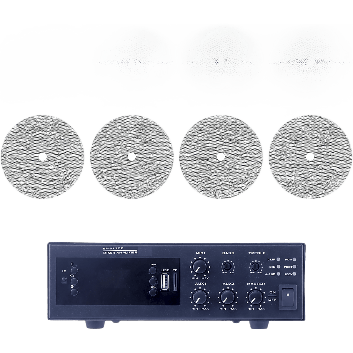 KIT de Amplificador de 120W para Escritorio | 4 Altavoces de Techo de 6" | 20W | Sistema 70/100V