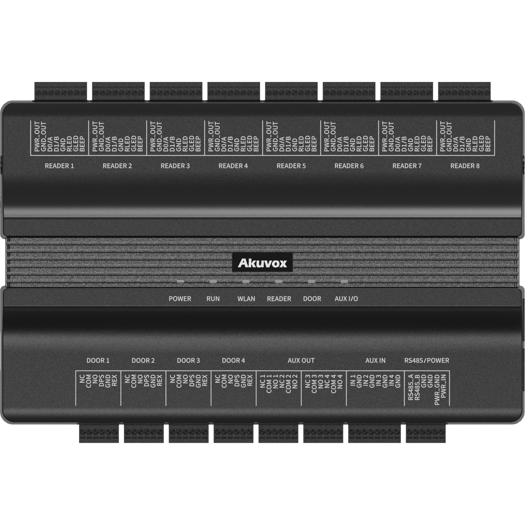 Controlador de Acceso 4 Puertas / Linux / 100,000 Usuarios y 500,000 Tarjetas / 200,000 Registros / RS485 Wiegand OSDP / TCP-IP / PoE IEEE802.3at / WiFi 2.4GHz y 5GHz / LTE Opcional / 8 Relés / 8 Puertos Wiegand-RS485 / 12 Entradas / 8 Salidas / Mo