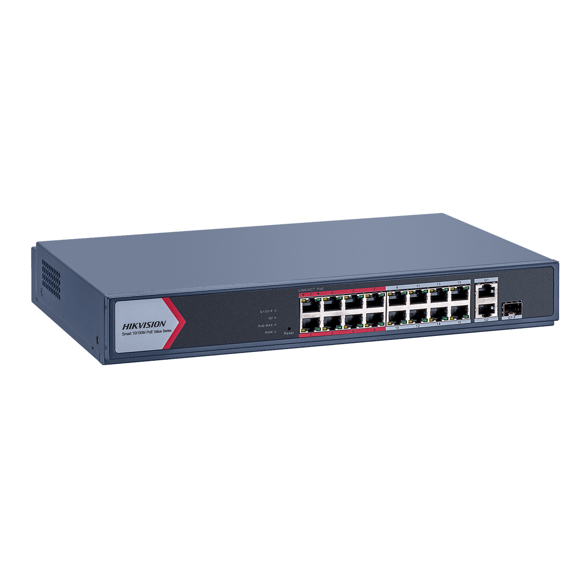 Switch PoE+ / Monitoreable / 16 Puertos 10/100 Mbps PoE+ / 2 Puertos 1000 Mbps Uplink / 1 Puerto SFP Uplink / Modo Extendido hasta 300 Metros / 130 W