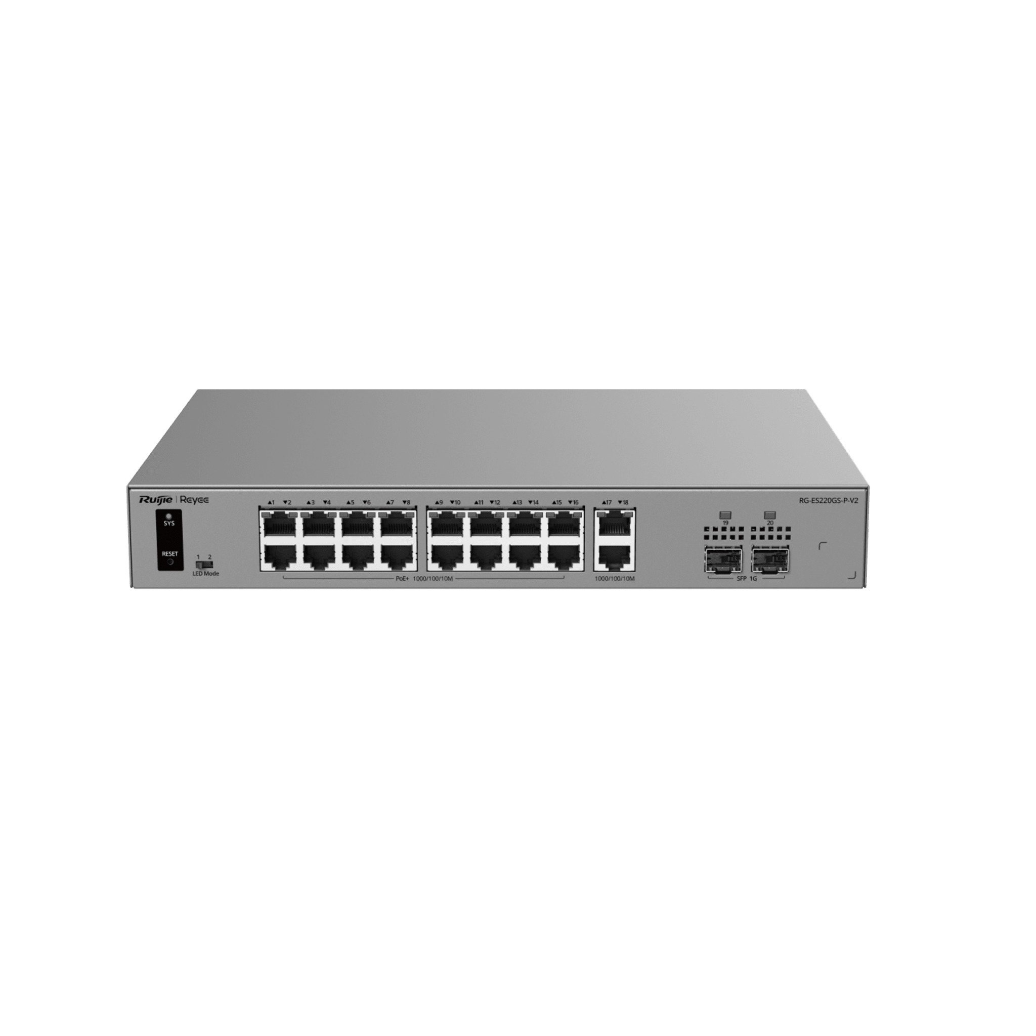Switch Smart Cloud Managed PoE+ Capa 2 / 20 Puertos Gigabit / 16 Puertos PoE+ 250 W / 2 SFP 1G / Switching 40 Gbps / Forwarding 29.76 Mpps / Protección 6 kV / Gestión Cloud Ruijie / Metal / Rack