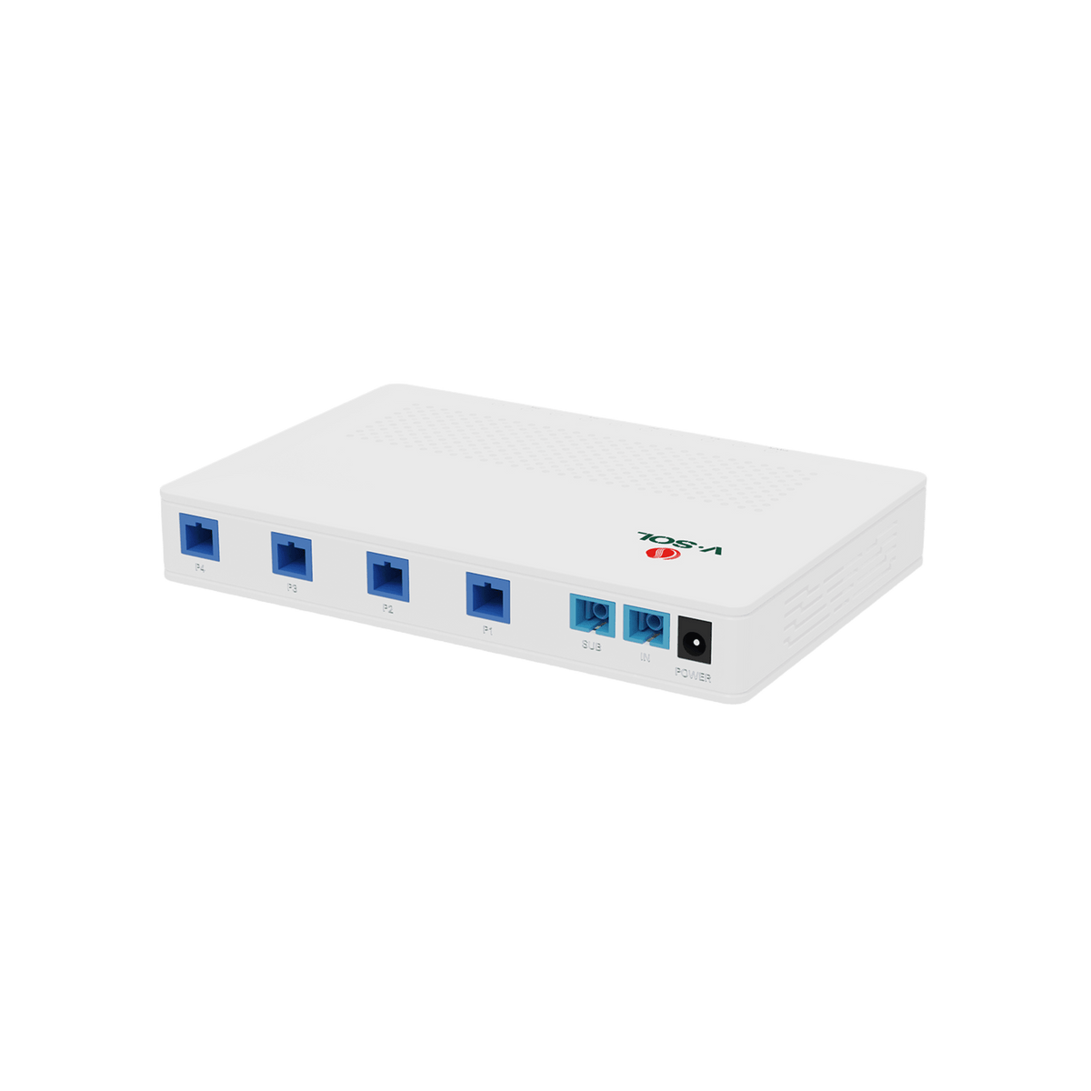Splitter Activo 1x4 para Alimentación de 4 Dispositivos POF, 1 Puerto de cascadeo para continuidad, puertos SC/UPC