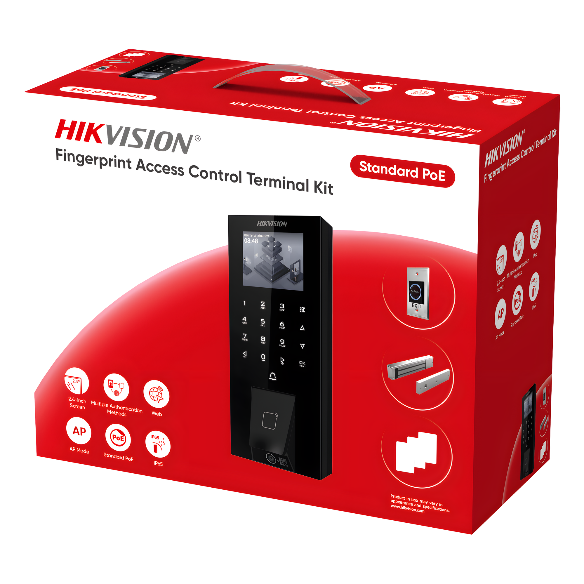Kit Terminal Control Acceso Biométrico DS-KAS807 / Huella Digital / Códigos QR / 2.4" LCD / 5000 Huellas + 5000 Tarjetas / IP65 / Wi-Fi + PoE / Cerradura Magnética 272 kg / Botón Touchless