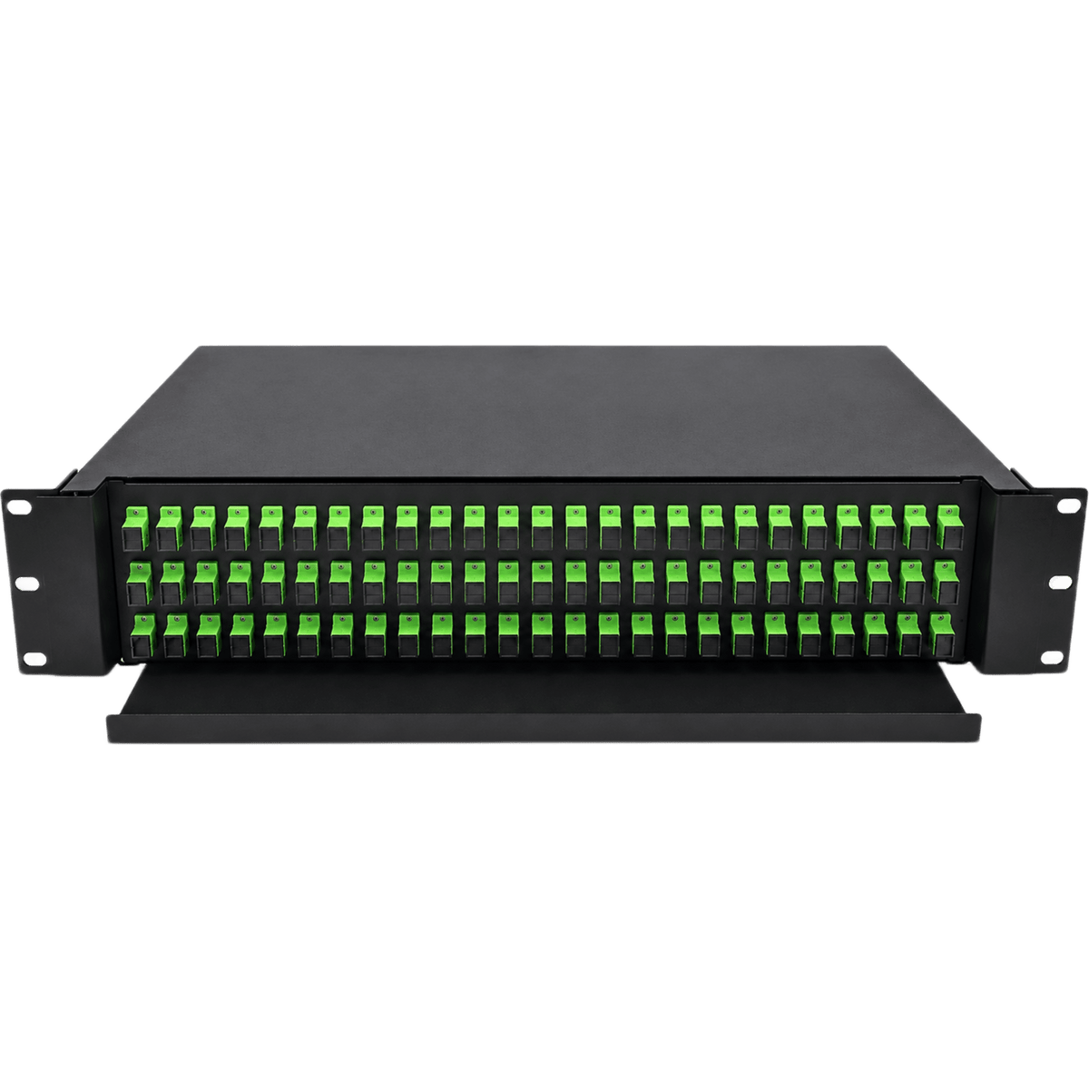 Distribuidor de Fibra Óptica (ODF) para 72 Empalmes, con 72 Acopladores SC/APC y 72 Pigtails SC/APC, para Rack de 19, 3 UR